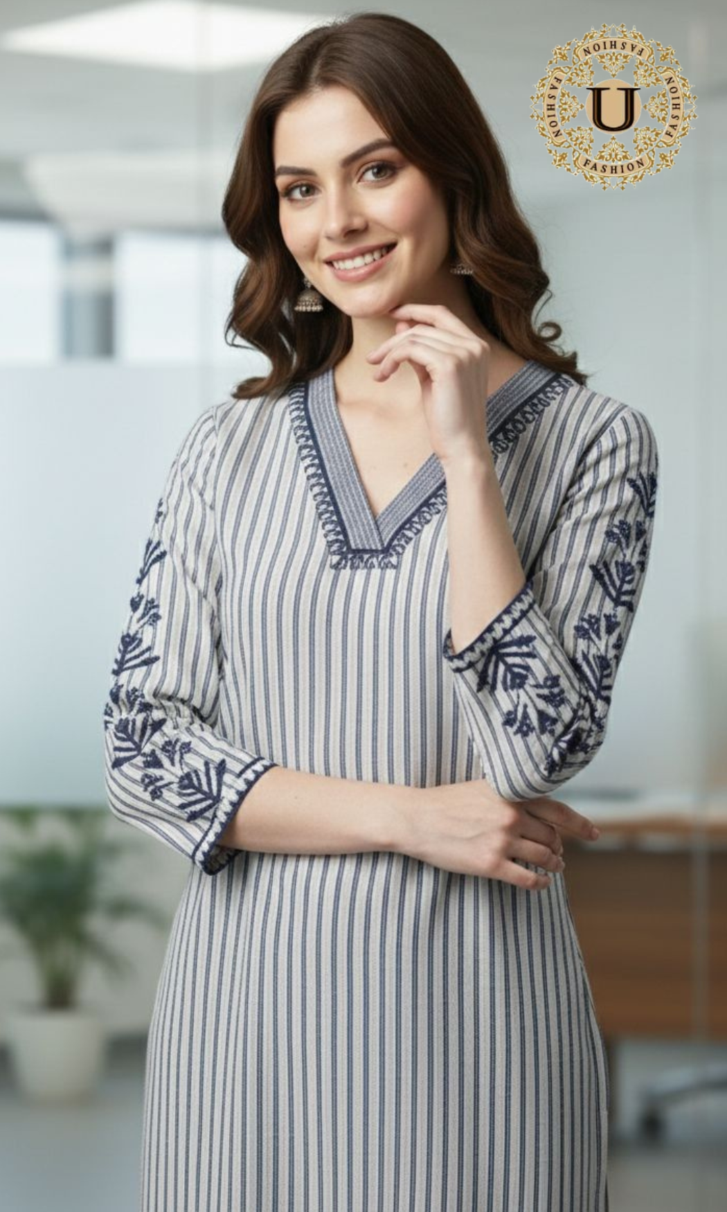 Navy Blue Cotton Stripe Long Kurti