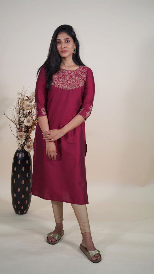 Wine Cotton Slik Zari Yoke Long Kurti