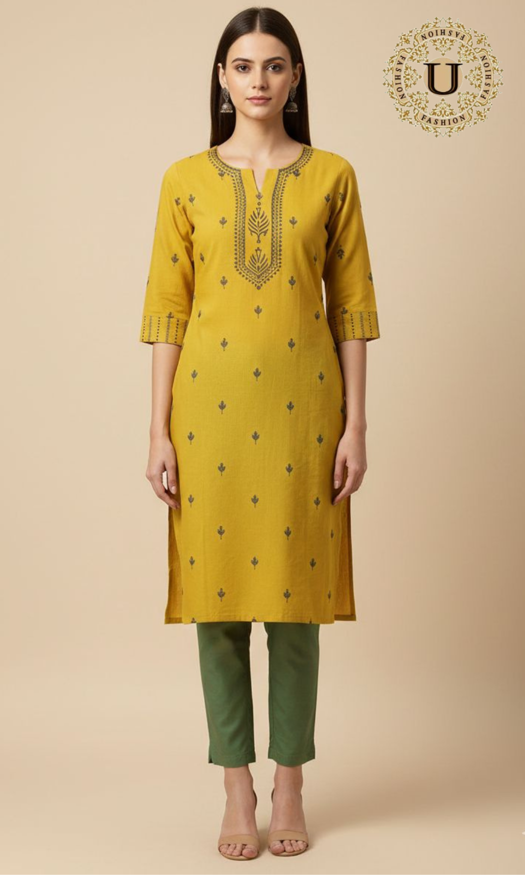 Yellow printed cotton long kurti