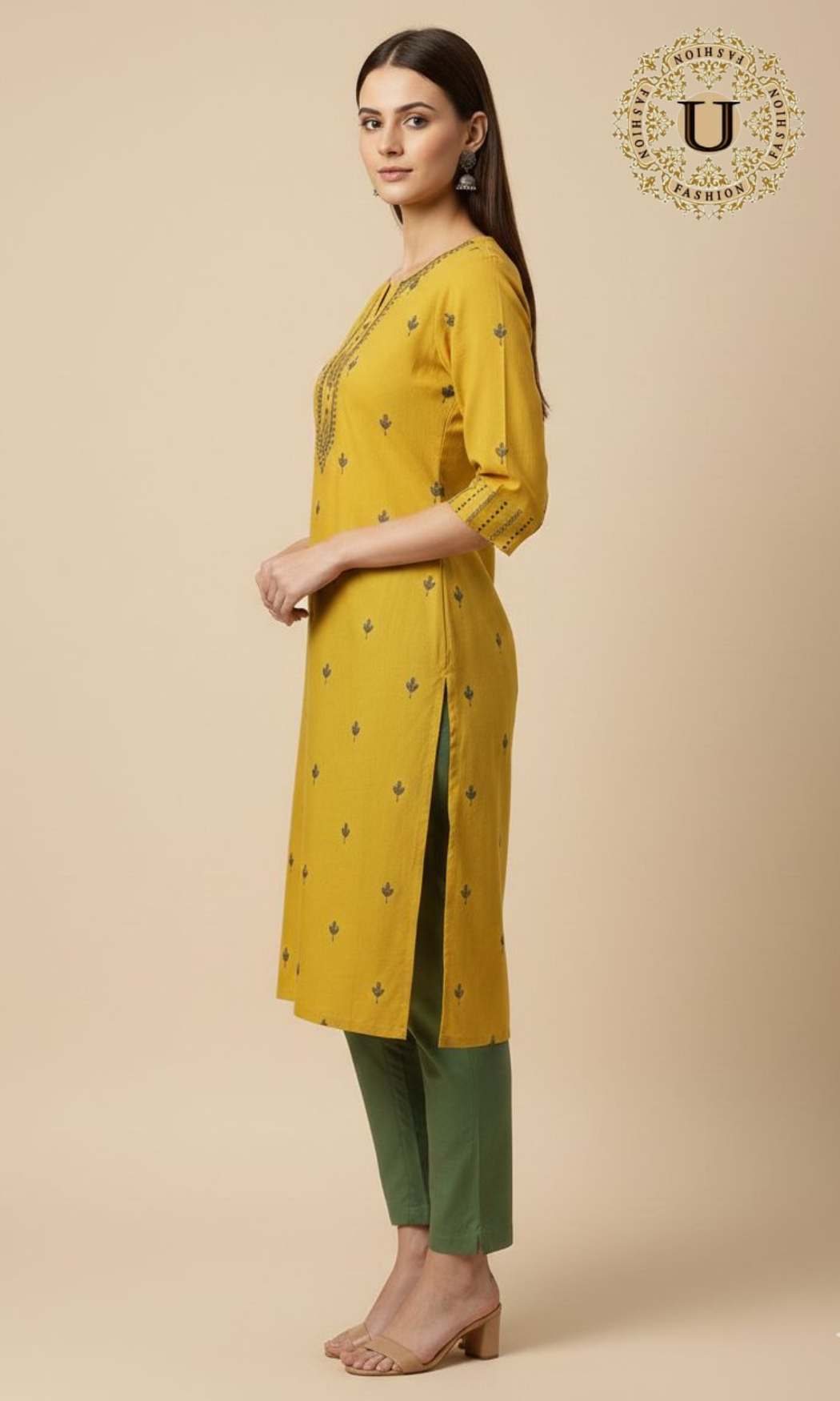 Yellow printed cotton long kurti
