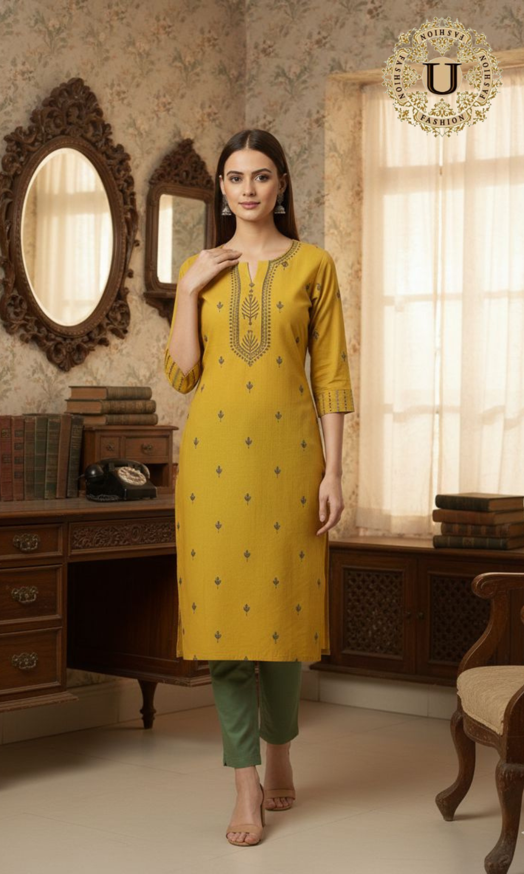 Yellow printed cotton long kurti