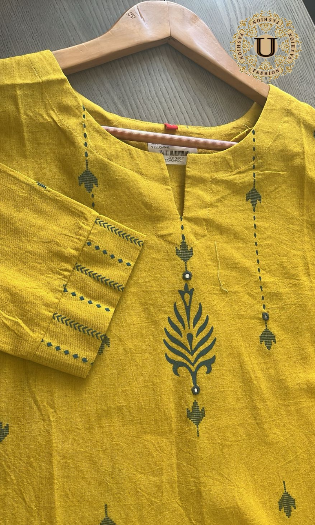 Yellow printed cotton long kurti